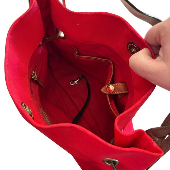 Dooney & Bourke Nylon Shopper Tote Leather Trim Drawstring Red Bag Purse - Picture 6 of 9